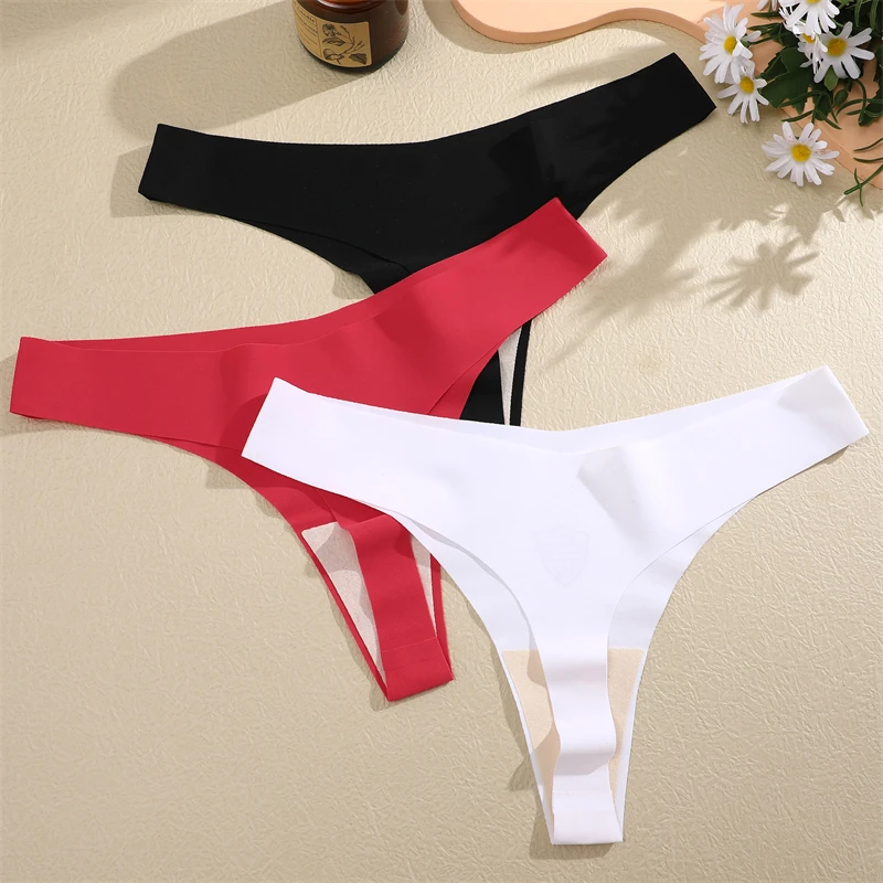 FINETOO 3PCS Women Ice Silk Seamless Underpants Panties Sexy V-Waist Sport Thongs Low Rise 10 Soild Colours Breathable G-string