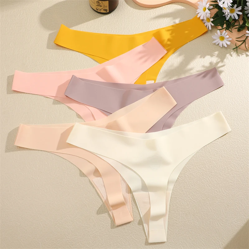 FINETOO 3PCS Women Ice Silk Seamless Underpants Panties Sexy V-Waist Sport Thongs Low Rise 10 Soild Colours Breathable G-string